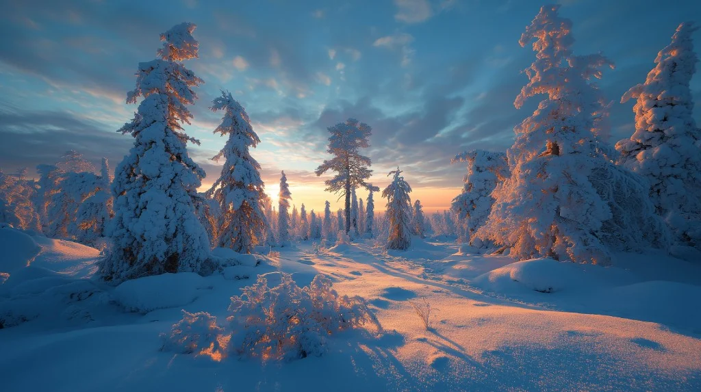 Finnish winter landscape — snowy forest at golden sunset